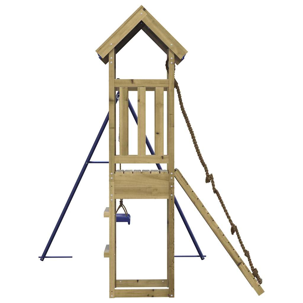 Torre de juegos de madera de pino impregnada con columpio, estructura de escalada, caja de arena y tobogán, casa de juegos al aire libre para niños en el jardín, resistente estructura de