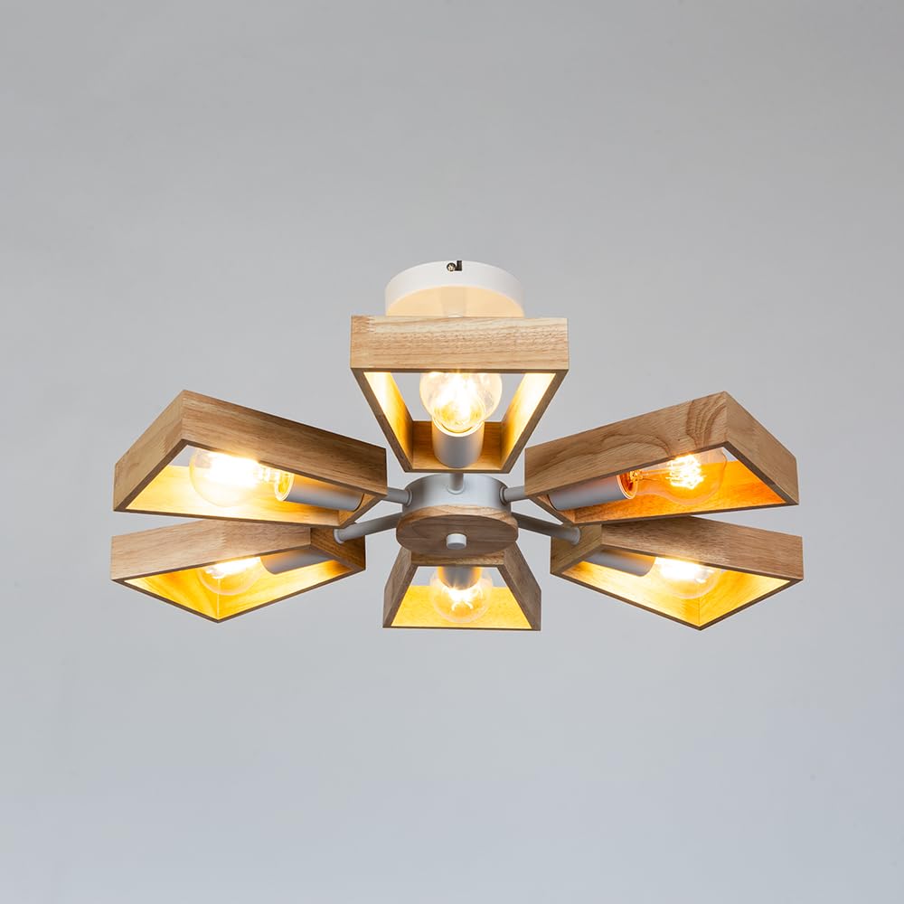 Żyrandol w salonie – LED sufitowa lampa z 6 białymi metalowymi gniazdami i drewnianą żaluzją – wisząca lampa na pręt – do domu i biura