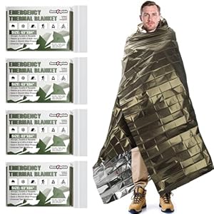 SecuCaptain Survival Emergency Thermal Blankets: Extra Large 84” x63” Space Mylar Blanket Kit for Outdoor Cold Winter Camping Hiking Car Bug Out Bag or First Aid – 4 Pack Amygreen