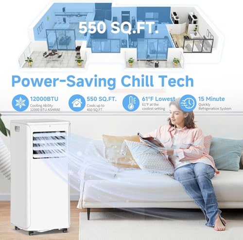 Image of Smart Portable Air Conditioner with WiFi, 12,000 BTU AC Unit Cools 550 sq.ft, 3-in-1: Dehumidifier, Fan & Quiet Cooling for Bedroom, 24H Timer, Remote, Window Kit Included