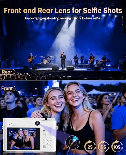 Image of 4K Digital Camera for Photography - 64MP Autofocus Vlogging Camera for YouTube with Dual-Lens - 16X Digital Zoom Anti Shake 3'' Selfie Compact Camera with Flash, 2 Batteries, Charging Stand-White