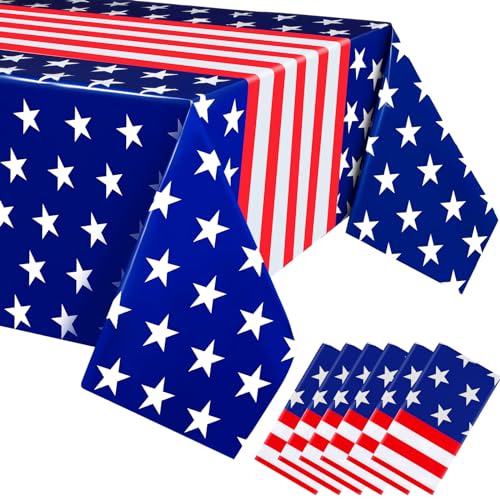 Image of Newwiee 6 Pcs 4th of July Patriotic Tablecloth Disposable American Flag Tablecloth 54x108 Plastic Red White Blue Independence Day Rectangle Table Cover 250th Decoration (American Flag Style)