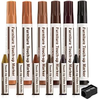 Escest Furniture Repair Kit (13 Pc Set) Markers & Wax Sticks with Sharpener - 6 Colors - for Wood, Stains, Scratches, Floors, Tables, Desks, Carpenters, Bedposts, Touch-Ups, Cover-Ups, Molding Repair