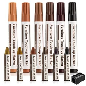Escest, Meubelmarkeringen Kit 12 Totaal Meubilair Reparatiesysteem, Vloerkrassen, Hout Herstel Pack, 6 Reparatie Markers 6 Filler Stick Kleurpotloden