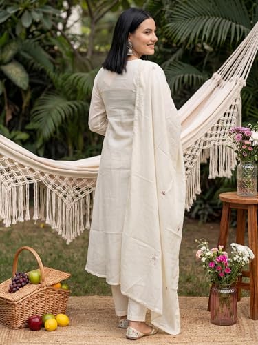 Image of INDO ERA Women's Pure Cotton Embroidered A-Line Kurta & Pant with Dupatta Set | Cotton kurta sets for women