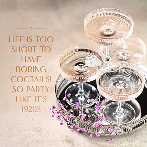 Vintage Art Deco Coupe Glasses | Set Of 4 | 7 Oz Classic Cocktail Glassware For Champagne, Martini, Manhattan, Cosmopolitan, Sidecar, Daiquiri | Crystal Speakeasy Style Saucer Goblets With Stems #TOP7