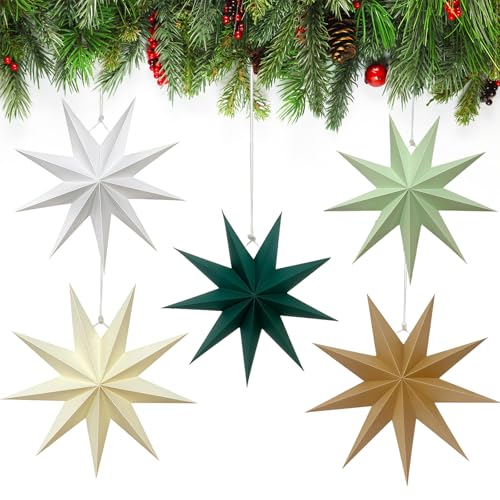 LUMOOM 5 estrellas de papel para colgar, 30 cm, estrella plegable como decoración de ventanas, estrellas para Navidad, papel de Navidad, decoración del árbol de Navidad