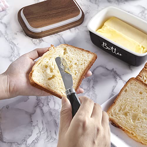 ALELION Black Butter Dish with Lid and Knife for Countertop - Airtight Ceramic Butter Keeper Container with Thick Acacia Wood Lid for Counter or Fridge - for Farmhouse Kitchen Decor and Accessories