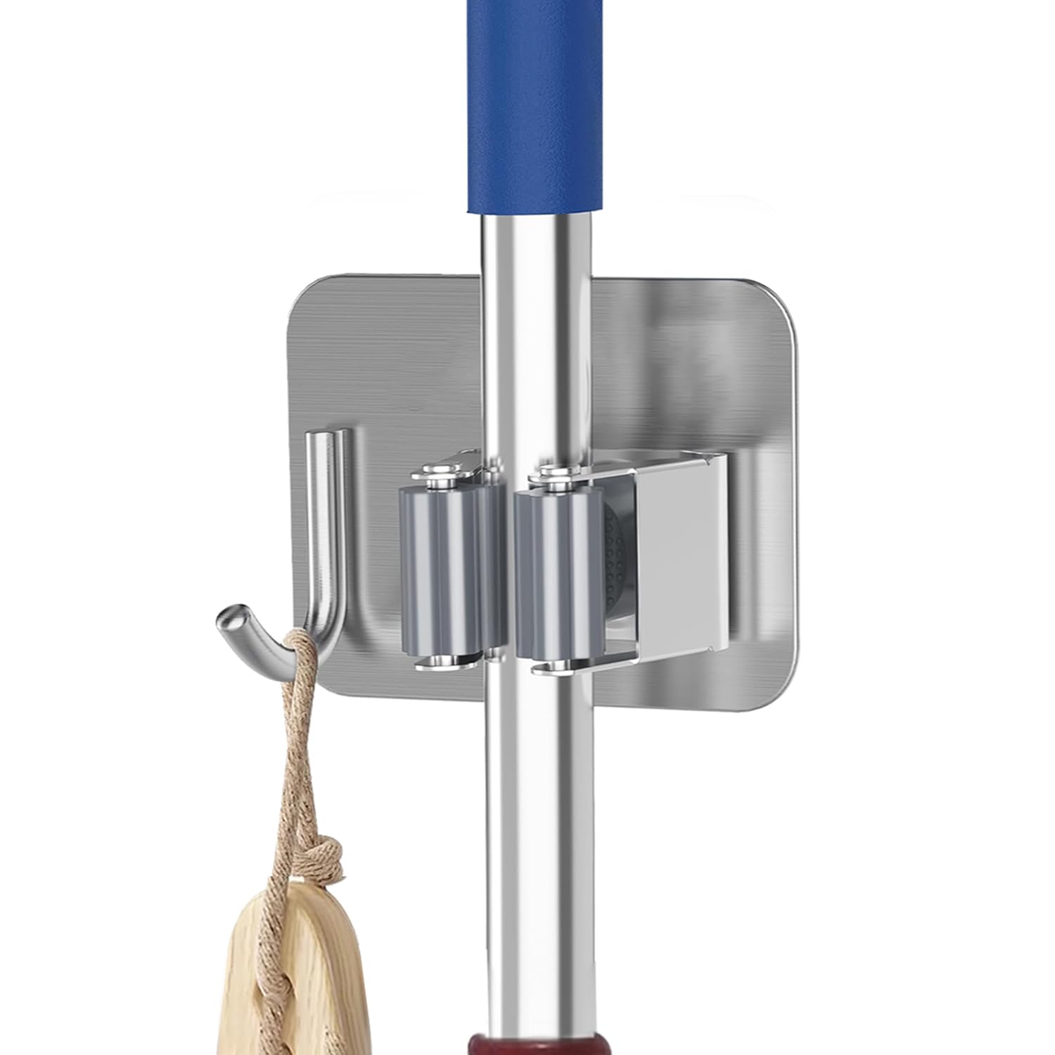 GRISHVA Stainless Steel 1 Rack With 1 Hook Heavy Duty Wall Hard_Floor Mounted Broom And Mop Stick Holder, Hanging Tools For Home Kitchen Garden Laundry Garage (Silver)-image-16
