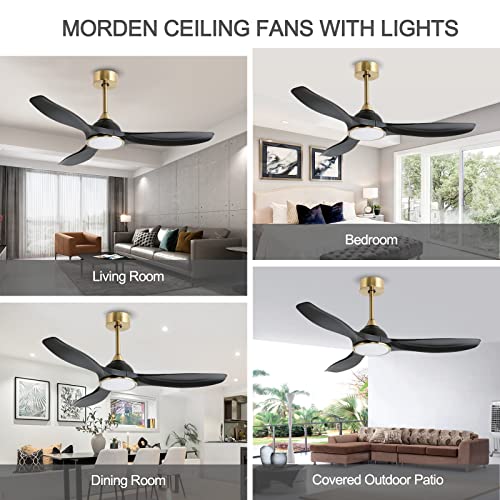Image of 52 Inch High CFM Modern 3 Blade Black Gold Ceiling Fan with Lights Remote
