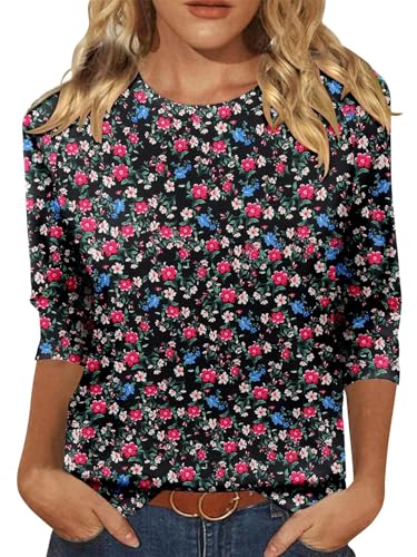 KISSMODA Tunic Tops for Women Loose Fit Dressy Round Neck Pleated 3/4 Length Sleeve Spring Tops
