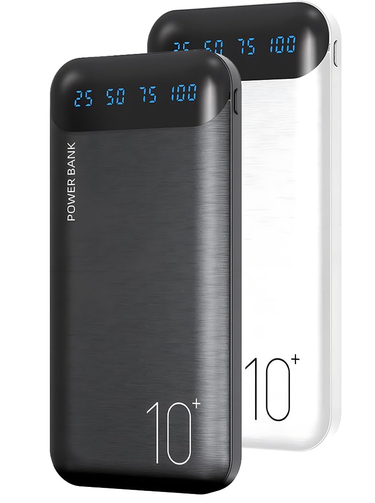 Power Bank 10000mAh Portable Charger Slim Battery Pack with 2 USB 2.4A Outputs and USB C In/Out Compatible with Huawei iPhone 16 15 14 13 12 iPad Samsung Galaxy S20 Android Tablet (Black + White)