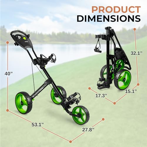 Image of JOVIAL Foldable 3 Wheel Junior Golf Push Cart, Lightweight Aluminum Pull Cart with Deluxe Scorecard Holder, Adjustable Handle, Quick Brake System, Compact Folding Golf Trolley with Strap Support