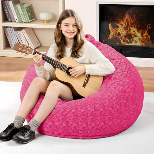 Image of 2FT Bean Bag Chair,Giant Bean Bag Chairs for Adults,Big Bean Bags with Memory Foam Filled, Large Beanbag Chairs with Chevron Plush Cover-Pink