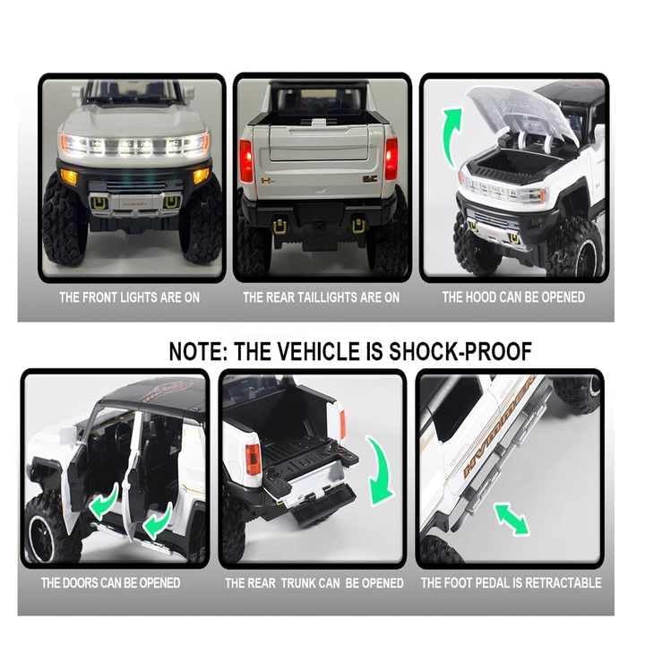 Image of Scale 1:24 Scale Hvmmar Pickup Convertible Alloy Diecast Pullback Metal Car Toy with Sound Light & Opening Doors - Best Gift Toy for Kids (1:24 Hvmmer Pickup Convertible - Green)