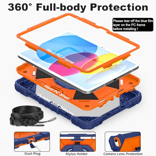 Image of WESOROL Case for iPad (A16) 11th /10th Generation 2025 /2022 with Screen Protector Rotating Stand Pencil Holder Shoulder Strap Heavy Duty Shockproof Cover for iPad 10th Gen Case,Navy Orange
