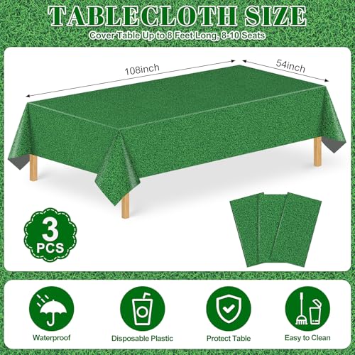 Image of 3 Pack Green Grass Field Plastic Tablecloth, 54 x 108 Inch Golf Table Cloth Disposable Tablecloths for Rectangle Tables Waterproof Sports Theme Table Cover for Golf Football Birthday Party Supplies