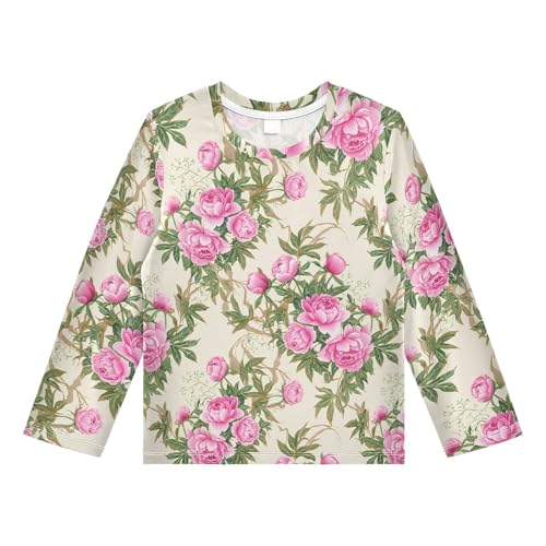 DOMIKING Peonies Foliage Branch Beige Boys Long Sleeve Rashguard Shirt Kids Quick Dry Swim Shirt for Kids Toddler 11-12T