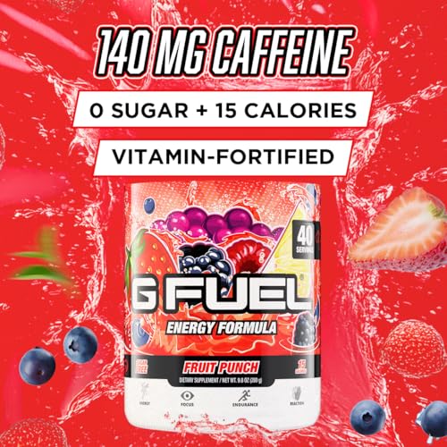Image of G Fuel Fruit Punch Energy Drink Powder, Pre Workout Caffeine Mix for Gaming, Sugar Free Focus Amino, Vitamin + Antioxidants, 9.9oz (Fruit Punch, 40 Servings)