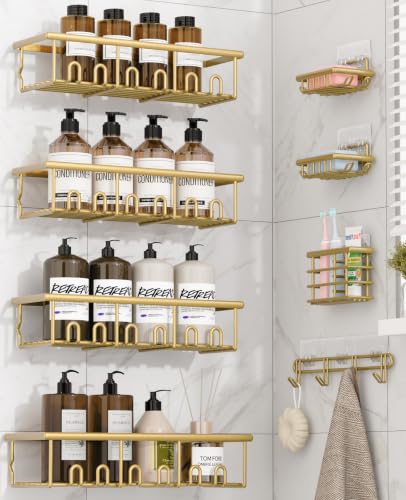 Zeawec 8 Pack Adhesive Large Capacity No-Drilling Shower Caddy Gold