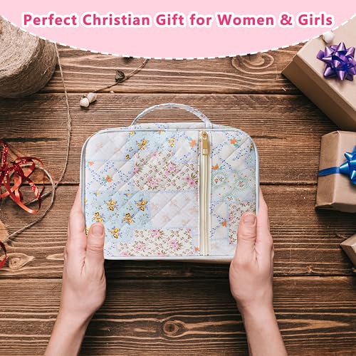 CasaRovela Bible Cover for Women, Large Quilted Case with Handle, Durable Bag and Carrying Case for Girls, Study Supplies Accessories, Christian Gift for Women (Spliced Flower, Large)