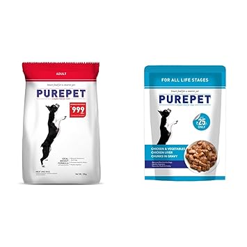 Purepet Meat and Rice Dog Adult, 10kg & Wet Dog Food, Chicken and Vegetable Chunks in Gravy, 24 Pouches (24 x 70g)