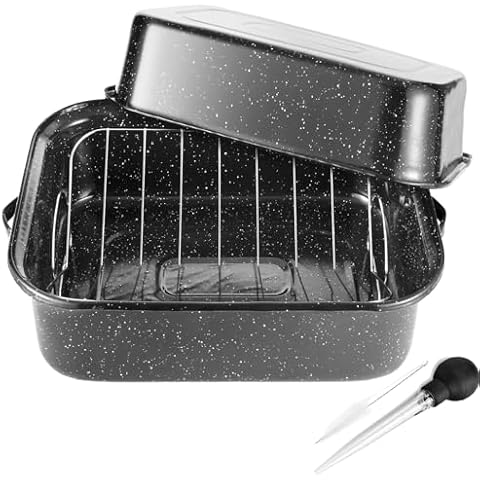 Roasting Pan With Lid and Rack, 21” Rectangular Roasting Pan, 25lb Turkey Roaster Pot, Large Oven Roaster Tray for Baking Turkey, V-Rack and Versatile Lid Bone Turkey Baster by JY COOKMENT Cover