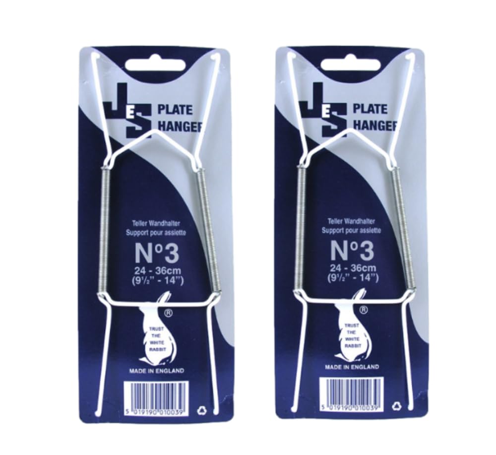 2 x White Plastic Covered Wire Plate Hangers for Wall - Suitable for 24-36 cm Plates