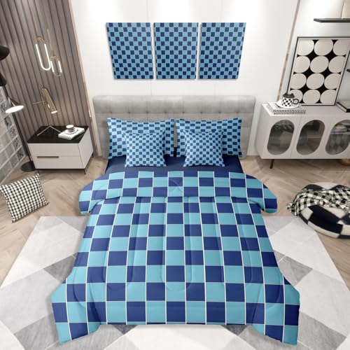 Image of Erosebridal 7 Piece Blue Boys Comforter Sets Navy Blue Teen Boy Bedding Set King,Geometric Checkered Plaid Bed in A Bag with Sheets for Kids Men,Grids Gingham Bed Set with Cushion Covers