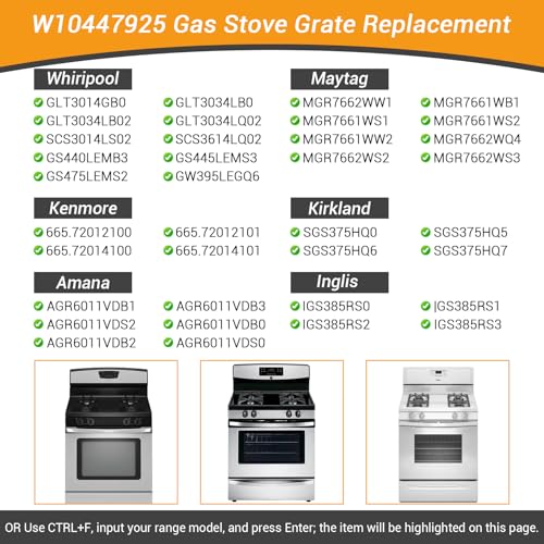 Image of Upgraded W10447925 Gas Stove Burner Replacement for Whirlpool Stove Parts,Cast Iron Stove Grate Kenmore Maytag Gas Range Part Amana Inglis Kirkland Cooktop Stove Accessories 4Pcs Stove Top Grates Rack