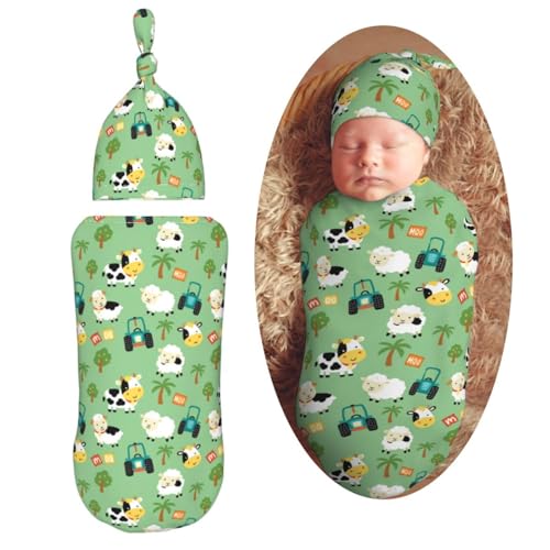 Image of Muishi Funny Cow in Farm Yard Newborn Swaddle Blankets Hat Sets Soft Baby Receiving Blanket Swaddle Sack for Baby Shower Infant Boy Girl Gift