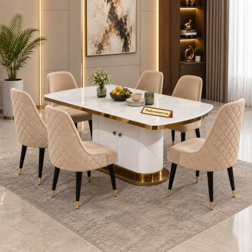 Image of 6-Seater Modern Elite Opal Storage Wooden Dining Table Set | 2 Year Warranty | Created Italian Statuario Marble Top | Elegant Composite Marble Table with 6 Chairs (Beige)