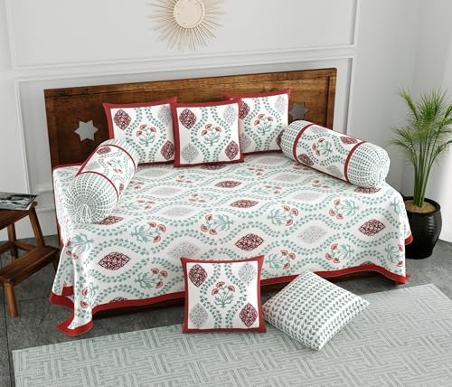 Image of BLOCKS OF INDIA 200TC Diwan Set Cotton 8 Piece | Deewan Printed Bedsheet Sets for Living Room Hall (Set of 8 Piece, 1-Bed Sheet | 2-Bolster Cover | 5-Cushion Cover (Brick Motifs), White