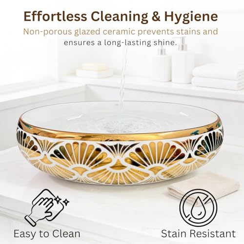 Image of Wallace Luxury Oval Table Top Wash Basin 60x40x15 cm | Premium Ceramic Countertop Vessel Sink with Gold Interior & Art Deco Pattern | Over Counter Designer Bathroom Basin