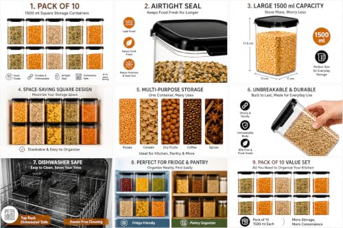 Image of Airtight Plastic Square Container Set for Kitchen Storage Masala Box,Fridge & Pantry Storage,Dishwasher Safe,pulses, cereals,dry fruits,coffee Unbreakable & Space-Saving | (Pack 10-1500 ml)