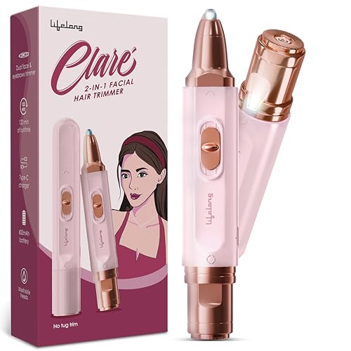 Image of Lifelong 2in1 Face & Eyebrow Trimmer for Woman |Painless Portable Gentle Face Mini Hair Remover |TypeC Rechargeable Facial Hair Removal Machine |Upper Lips, Chin, Ear & Nose |Focus Light, 2Hr Runtime