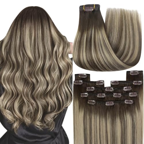 Image of YoungSee Clip in Human Hair Extensions Brown Balayage Clip in Extensions Real Human Hair Chocolate Brown with Ash Blonde Clip on Human Hair Extension for Short Straight Hair 12Inch 85G 7Pcs