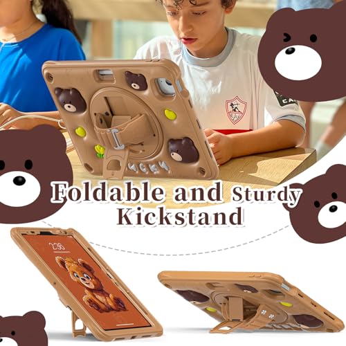 Image of ProElite Cover for iPad Air 11 M4 /M3 /M2 2026 /2025 /2024 / Pro 11 4th /3rd Gen /Air 5 /4 Gen 10.9 inch Case, Tough Bubble Kids Case with Pencil Holder with Rotating Kickstand & Shoulder Strap, Brown