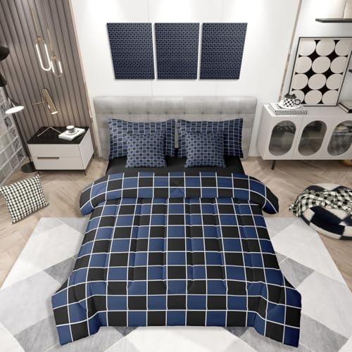 Image of Erosebridal Navy Blue Checkered Boys Full Bedding Black Blue Plaid Comforter Set with Sheets 7 Piece-for Kids Teen Men Bedroom Geometric Gingham Grids Bed in A Bag-Soft Lightweight for All Season