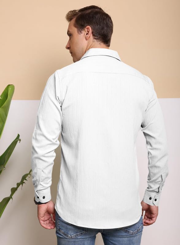 Image of Macsivo Men's Popcorn Shirt with Spread Collared Long Sleeve Button Down Closure Curved Hem Length | Linen Shirt for Man