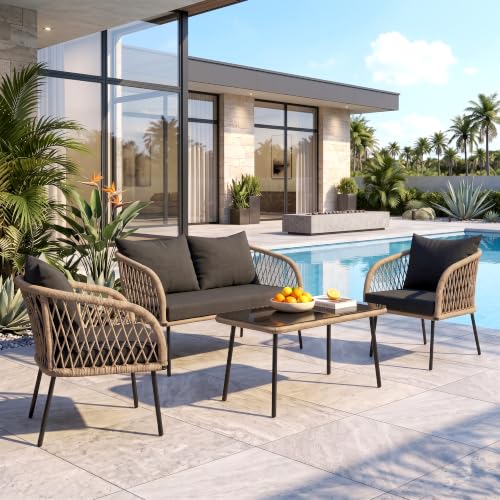 Image of OUTLIVING Braid Rope & Metal Frame Outdoor 4-Seater Sofa Set with Tempered Glass Top Center Table, Water-Repellent Cushions & Handwoven Design for Patio, Garden and Balcony (Beige and Black)