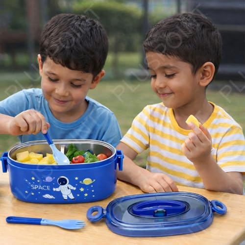 Image of PLUSPOINT Space Theme Stainless Steel Lunch Box for Kids Microwave Safe Insulated Tiffin Box 800ml Cute Cartoon Astronaut Tiffin Box Tableware Set Portable Containers for School Boys, Girls