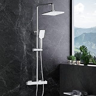 MORADO Thermostatic Shower System,Adjustable Height Thermostatic Shower Set,Shower Bar Set with Rainfall Shower Head and 3-Functions Hand Shower,Chrome Plated, Square Shape