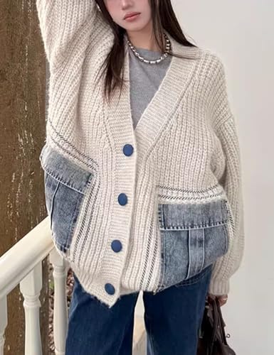 Womens Long Sleeve Patchwork Cardigan Sweater Denim Pockets V Neck Button Down Knit Open Front Coat Outwear2