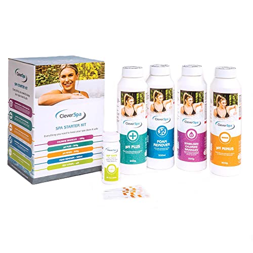 CleverSpa Universal Spa Natural Chemical Outdoor Hot Tub Starter Kit with Stabilizing Granules Foam Remover pH Minus pH Plus & Dip Tests (5 Pack)