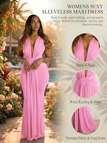 Image of Ekaliy Elegant Bodycon Dresses for Women Deep V Neck Maxi Dress Mermaid Long Dress