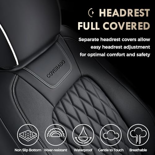 Image of Coverado Premium Leather Full Set Seat Covers Waterproof Heavy-Duty Protectors Custom Fit for Ford F150 (2015-2026) F250 /F350 /F450 (2017-2026)-Black w /White Stitching, Wear-Resistant