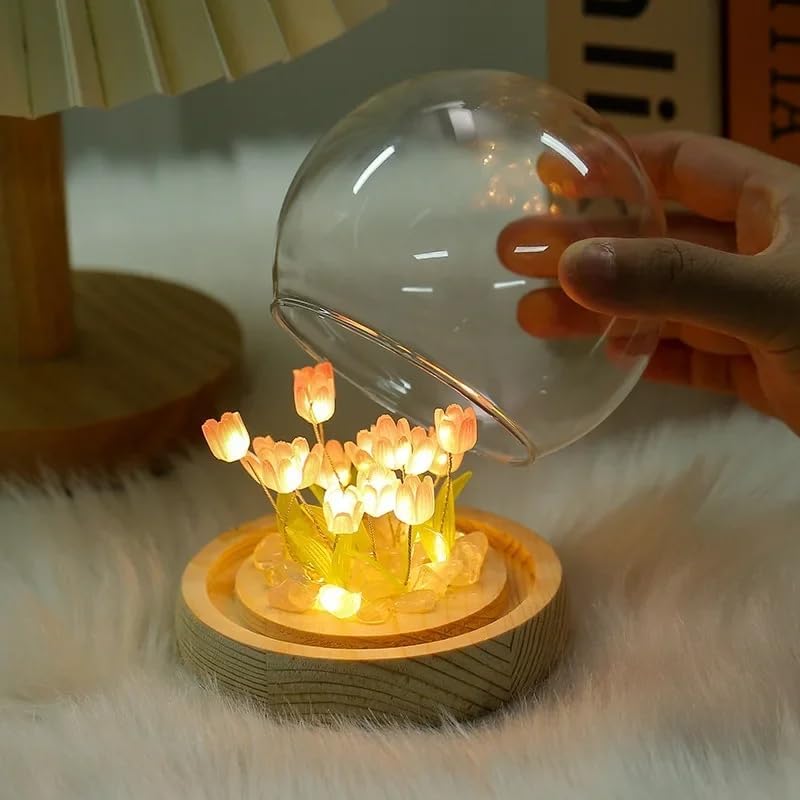 CARTSHOPPER DIY Pink Tulip Night Light, DIY Cute Flower Night Light, Handmade Gifts, Simulation Flower, Bedroom Sleeping Lamp, Glass Flowers Decor Lamp, for Women, Birthday, Anniversary, Mother's Day 3