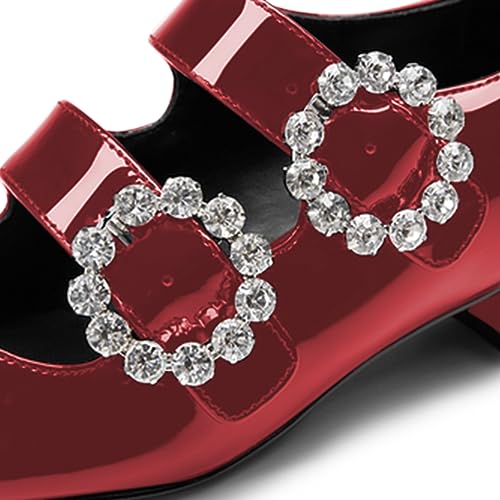 FOWT Women Square Toe Mary Janes Low Chunky Heel Double Strap Pumps Rhinestone Studded Buckle Cute Party Ballroom Evening Shoe Size 4-16 US4