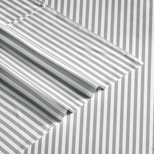 Image of Wake In Cloud - Striped Bed Sheets, 4-Piece Sheet Set, Ticking Vertical Pin Stripe Modern Farmhouse Pattern Printed Bedding, Deep Pocket, Gray White, Queen Size